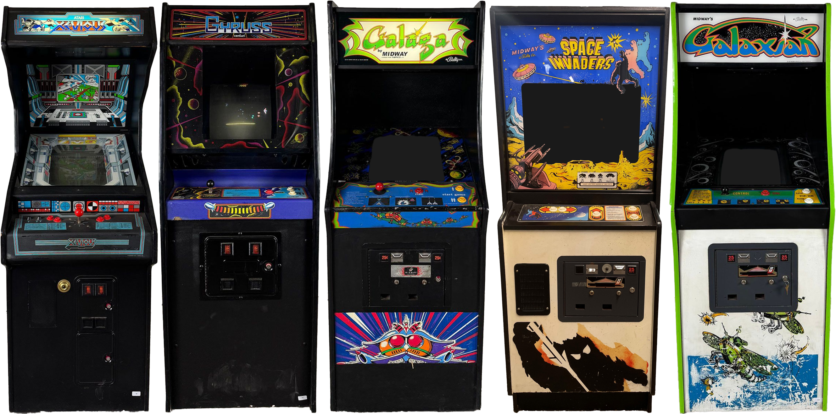 Collection of vintage arcade machines with different games and designs.